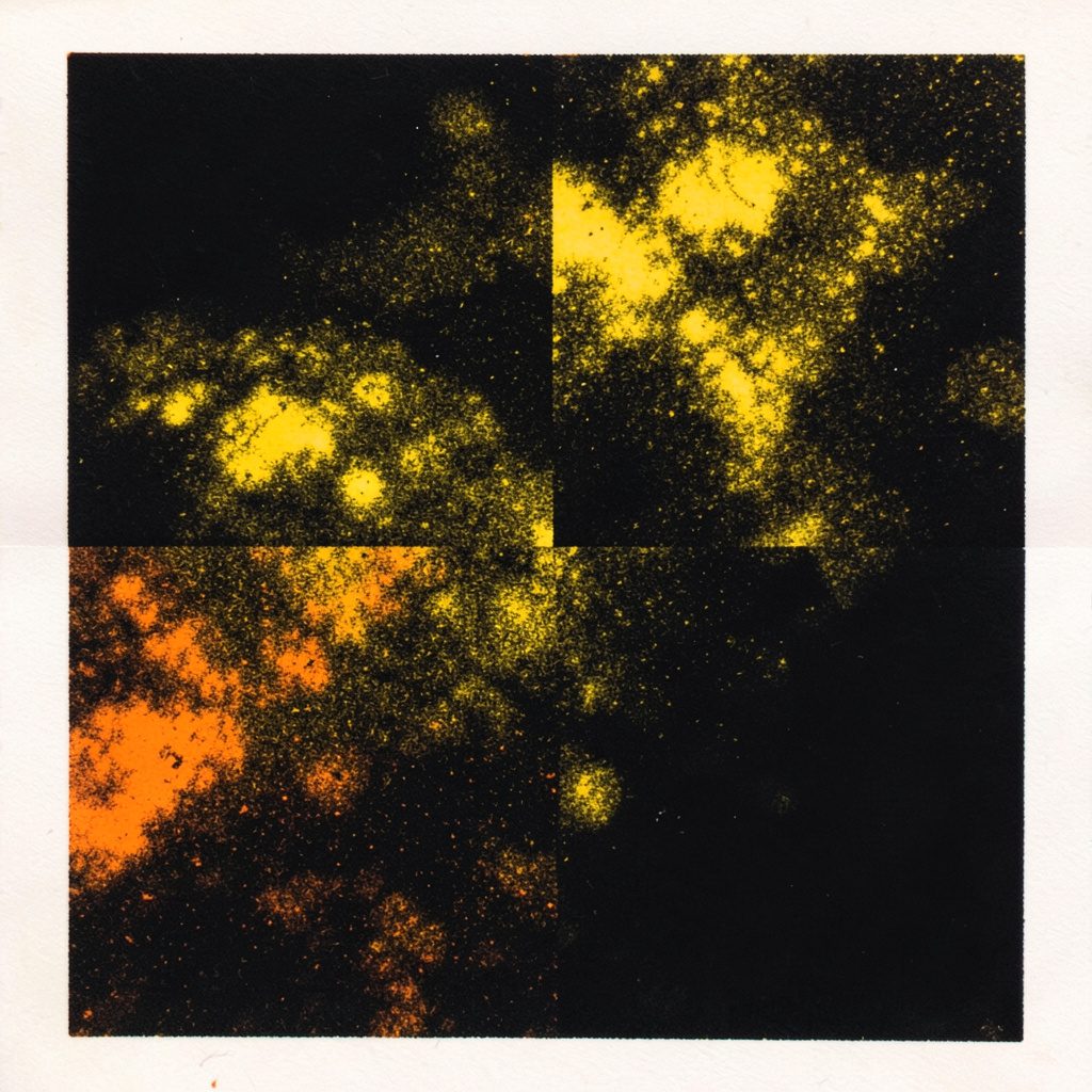 A two-ink risograph print in black and golden yellow, a close abstract composition of light reflections on a dark surface.