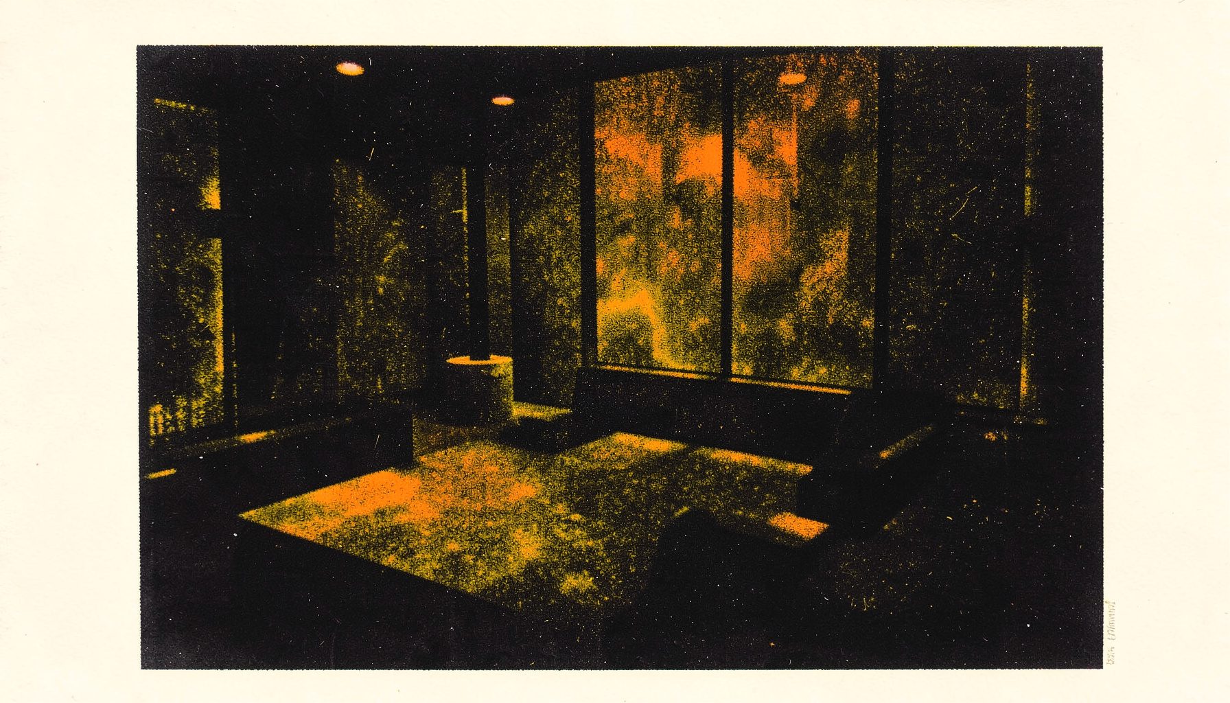 A moody two-ink risograph print in deep black and golden yellow, showing an abstract atmospheric interior with warm pools of amber light against dark walls, evoking a late-night lounge ambiance.