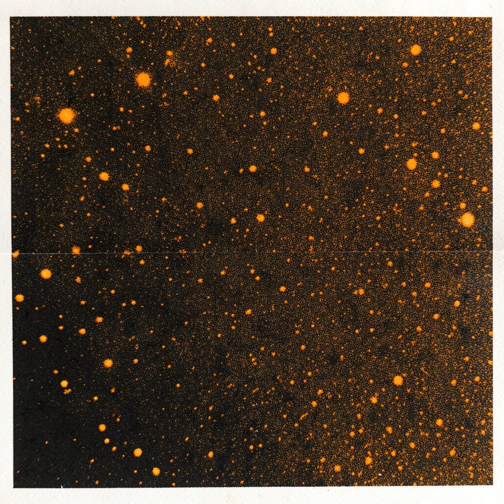 A two-ink risograph print in black and amber, a grainy textural field with scattered warm points of light, evocative and quiet.