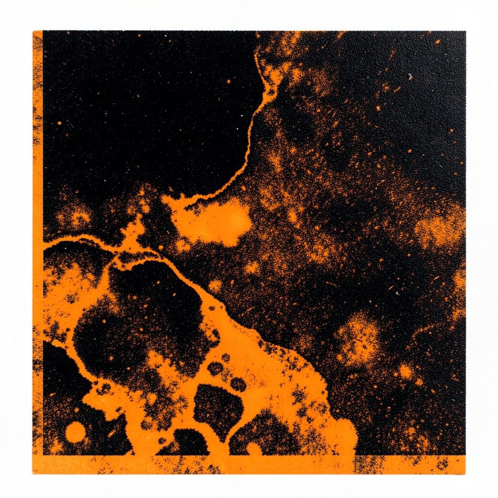 A two-ink risograph print in black and amber, layered organic textures with glowing warm accents, moody and intimate.