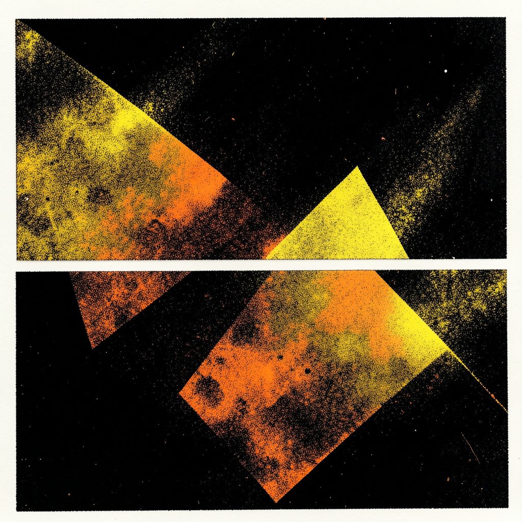 A two-ink risograph print in black and golden yellow, abstract geometric shapes with warm amber highlights, textural and atmospheric.