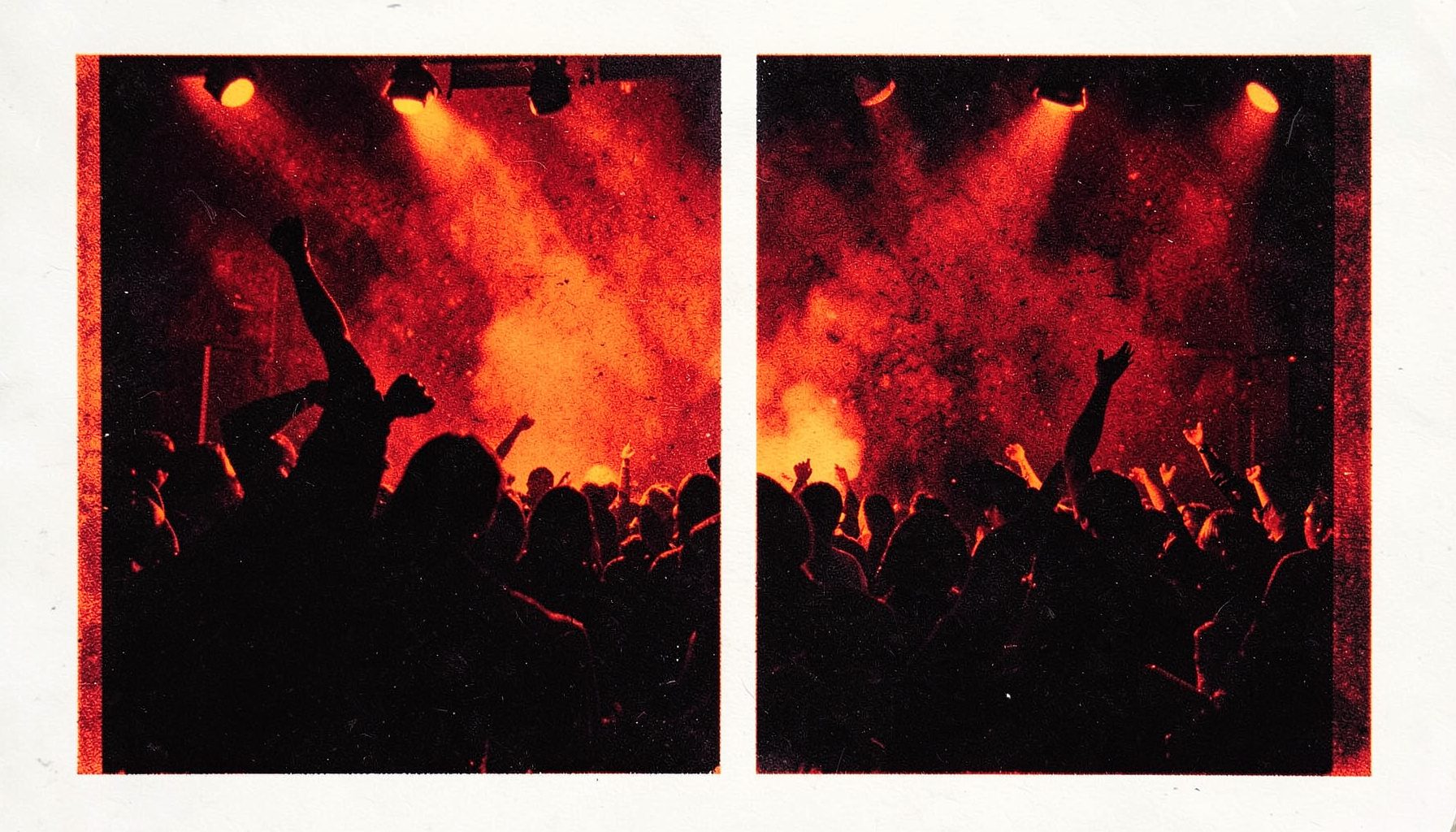 A two-ink risograph print in deep red and black, showing an atmospheric stage scene with dramatic warm lighting and abstract silhouettes, energetic and theatrical.