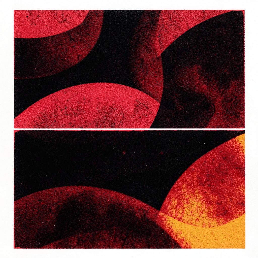 A two-ink risograph print in deep red and black, sweeping abstract curves with rich tonal contrast, dramatic and bold.